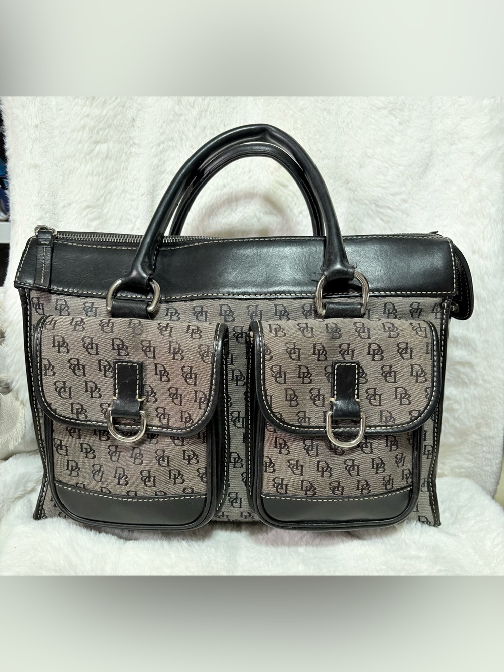 Dooney & Bourke Black and Brown Logo Canvas Satchel